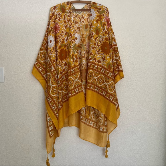 Women's Yellow Floral Pattern Moroccan Tassel Boho Kimono Cover Up One Size - Picture 3 of 5